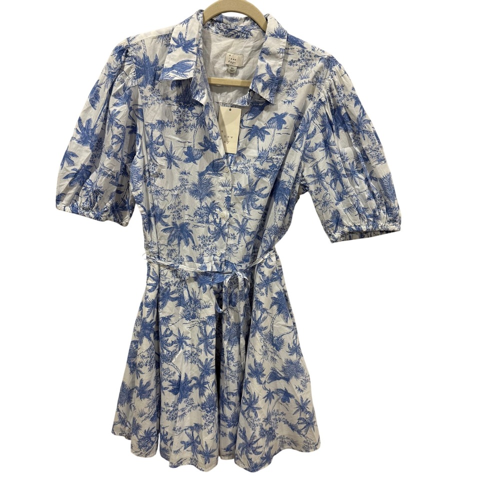 A New Day Womens Blue White Palm Toile Shirt Dress XL NWT Short Puff Sleeve Mini